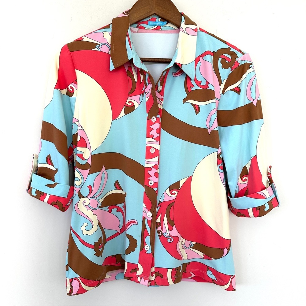 J. McLaughlin Button Down Shirt, 3/4 length sleeve, stretch knit, vibrant print